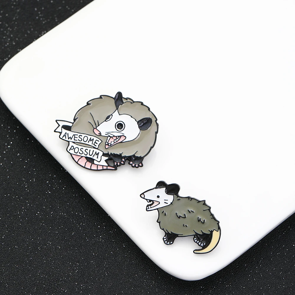 Funny Awesome Possum Shaped Brooches Grey Enamel Fierce Opossum Pins Animal Badge