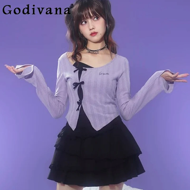 

New Chic Milk Purple Fake Two-piece Flare Long Sleeve Slim Short Top Sweet Girls Autumn Bow Splicing Versatile Princess T-shirt