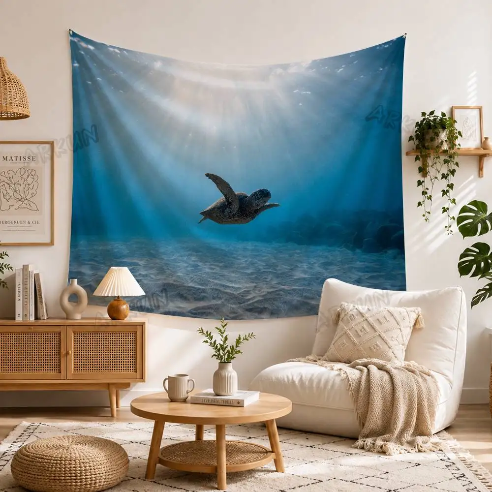 Ocean Sea Turtle Underwater Tapestry, Blue Seawater Marine Life Landscape Tropical Ocean Underwater Scenery Wall Decor