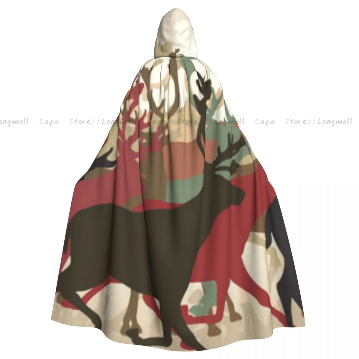 Adult Halloween Reindeer Caribou Herd Migrating Colorful Silhouettes Cloak Cape Hooded Medieval Costume Full Length Dress Coat