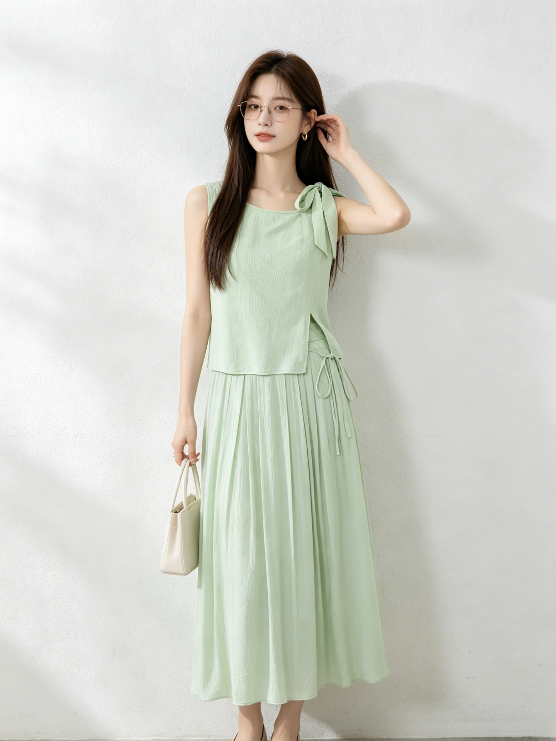 Korean Style Gentle Commuter  Knot Strap Vest Skirt Two-Piece Set Summer Loose Feelings Outfit Casual Breathable Lig...