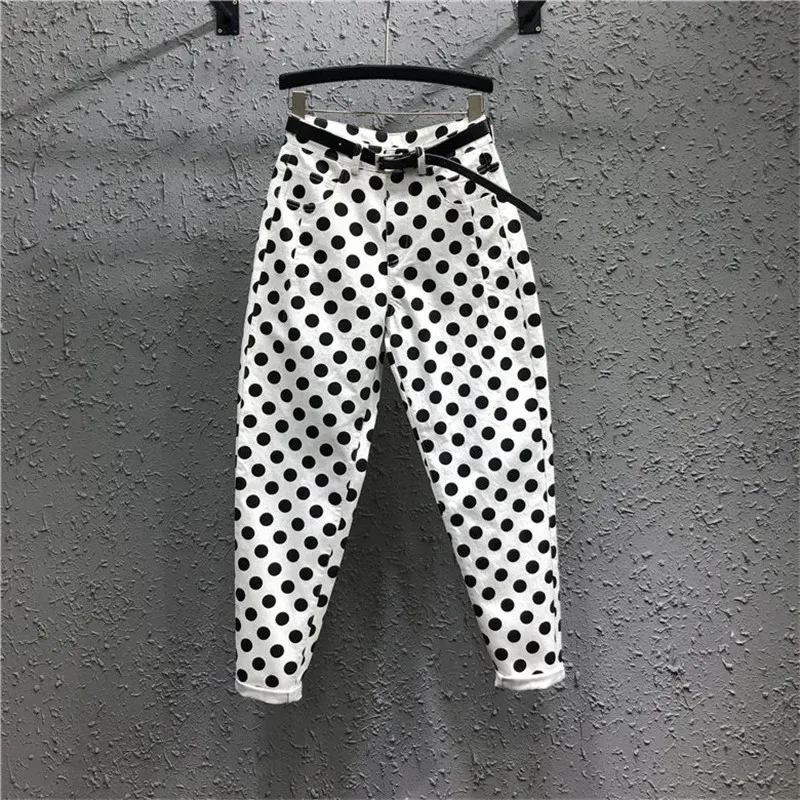 Streetwear Polka Dot Print Denim Nine Points Pants Women Summer Baggy Jeans Woman High Waist Harlan Pants Female Korean Fashion