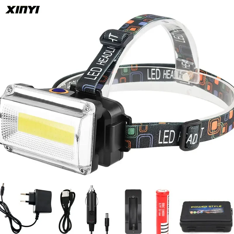 Powerful COB LED Headlight DC Rechargeable Headlamp 3Modes Waterproof Head Torch with 18650 Battery for Hunting Fishing