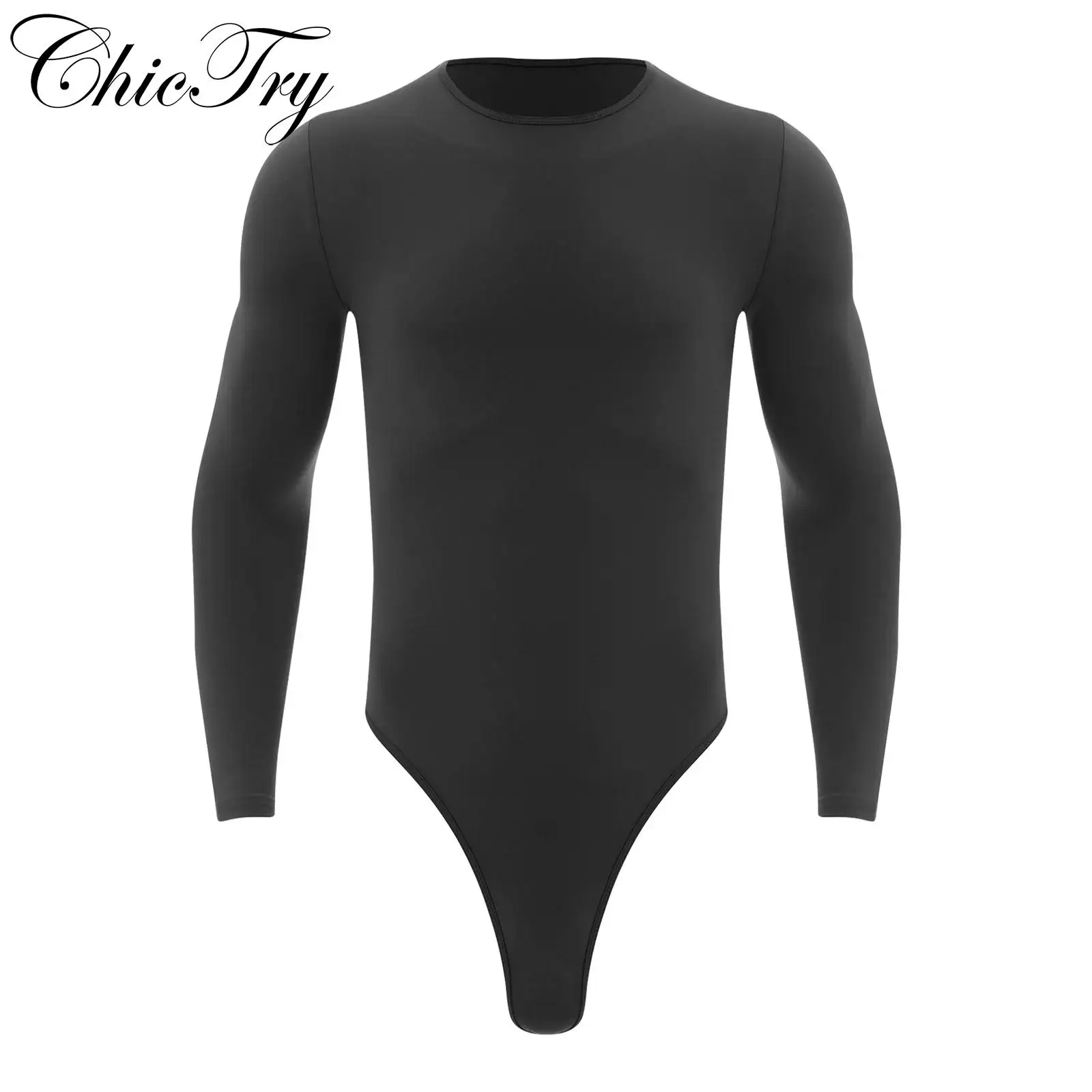 Mens Gymnastics Workout Leotard One Piece Bodysuit Round Neck Long Sleeve Press Buttons Yoga Fitness Unitard Fashion Casual Wear