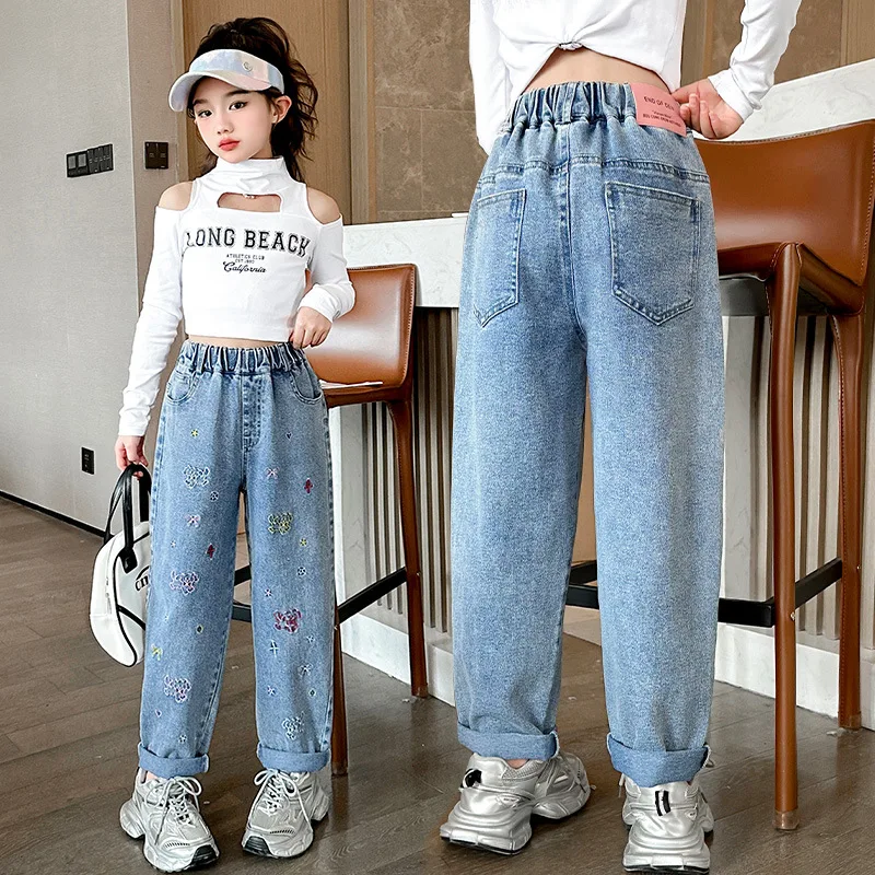 

New Tweens Children Jeans with Cartoon Embroidery for Girls High Waist Stretch Soft Denim Pants Kids Casual Regular Fit Trousers