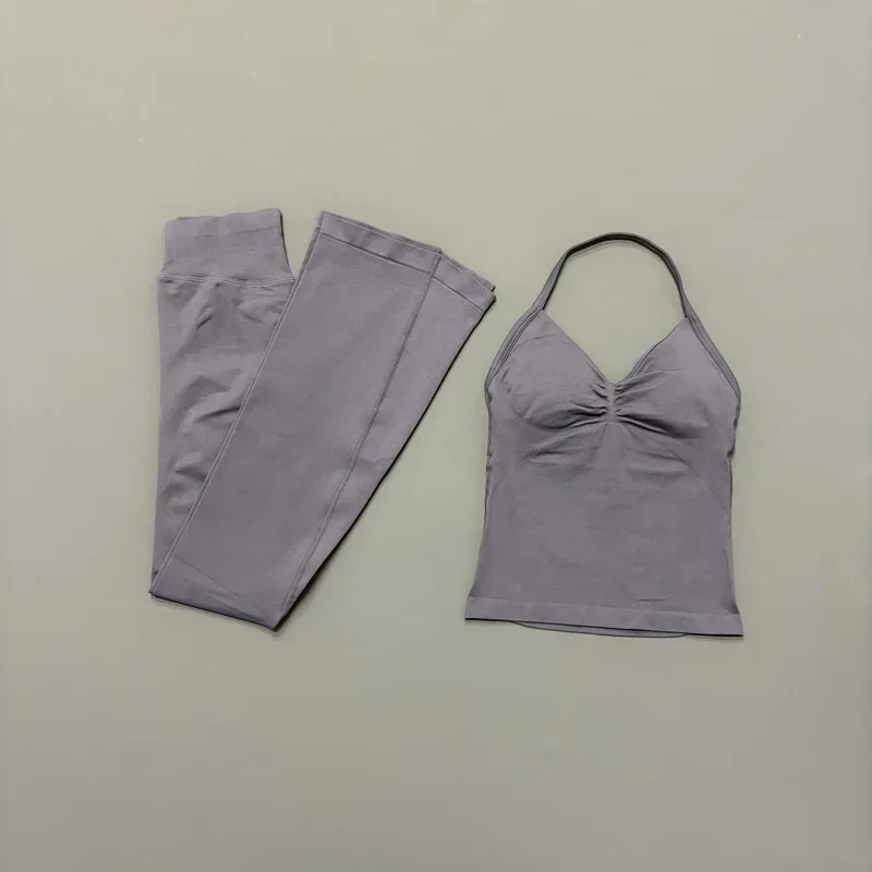 2-teiliges Yoga-Set für Damen: V-Ausschnitt, gepolstertes langes Camisole-Oberteil, High-Waist Bootcut Flare Leggings – Weiches, dehnbares Gym-, Pilates- und Workout-Outfit – Detail 9