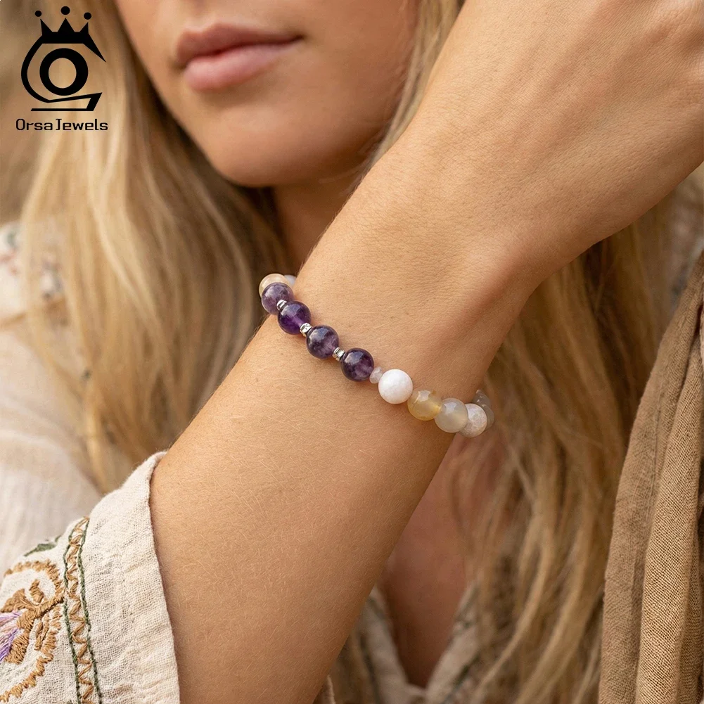

ORSA JEWELS Natural Agate & Amethyst Stone Healing Crystal Bracelet Women S925 Beads Wrist Chain Elastic Rope Jewelry GMB101