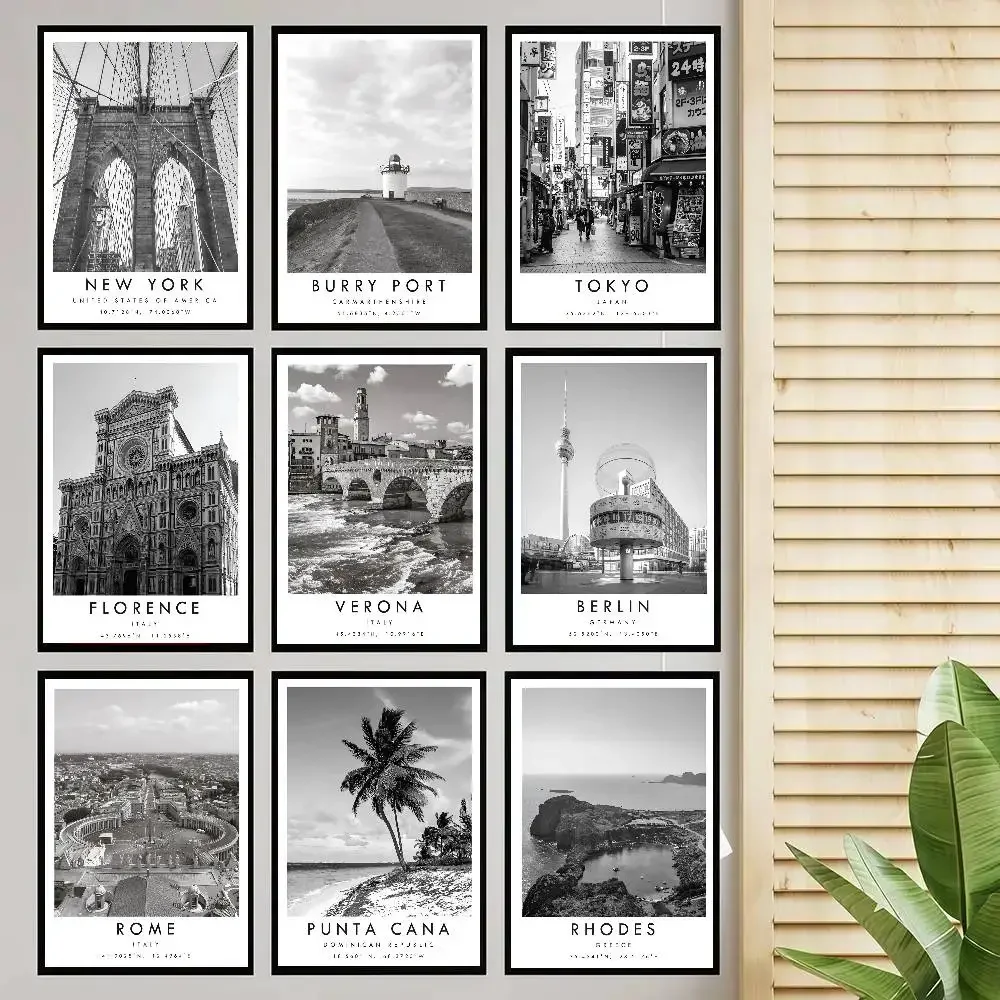 Famous Black And White City Poster Self-adhesive Art Room Entrance Restaurant Wall Decor Art Painting