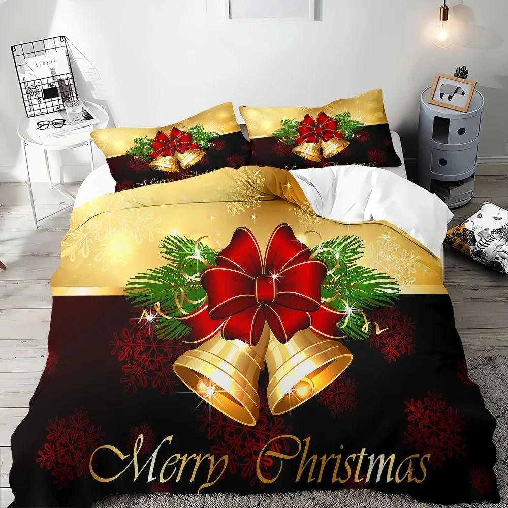 Merry Christmas Duvet Cover Gold Bell Bow Bedding Set for Boys Teens Holiday Gifts Bedroom Decoration Queen King Full Size