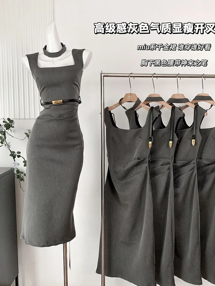 Grey Fashion Square Collar Sleeveless Slim Camisole Dress Autumn Women New Sashes Sexy Wrap Hip Gyaru Sheath One-Piece Frocks