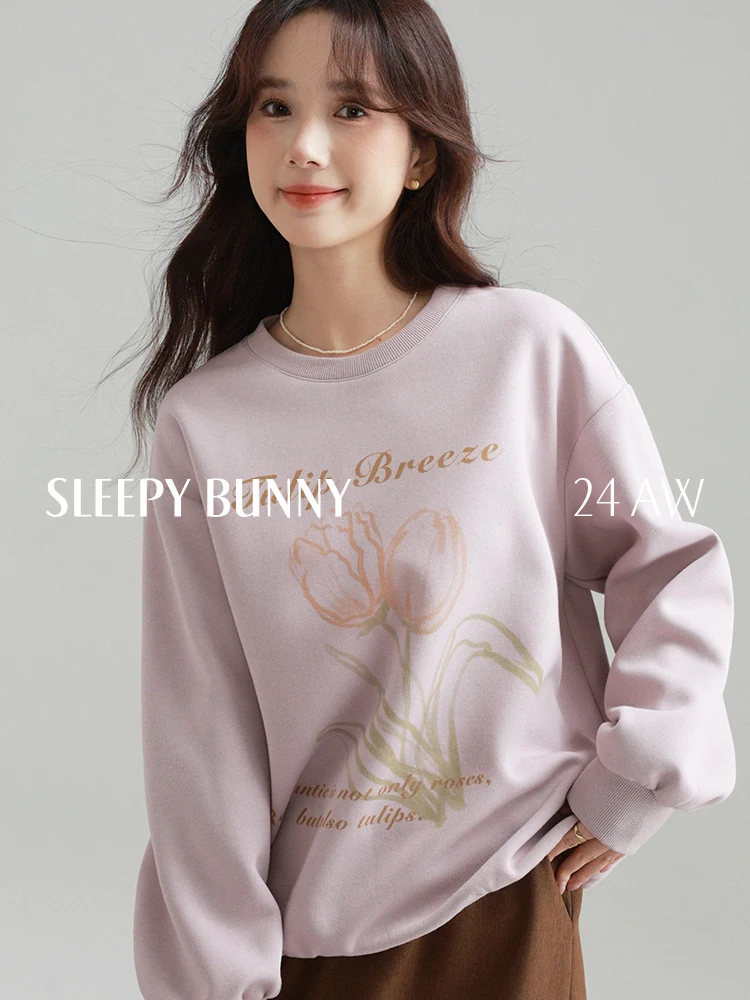 Vintage Tulip Print Sweatshirt for Women–Soft Oversized Pullover,Casual Long Sleeve,Cozy Lavender Tone,Perfect for Fall/Winter