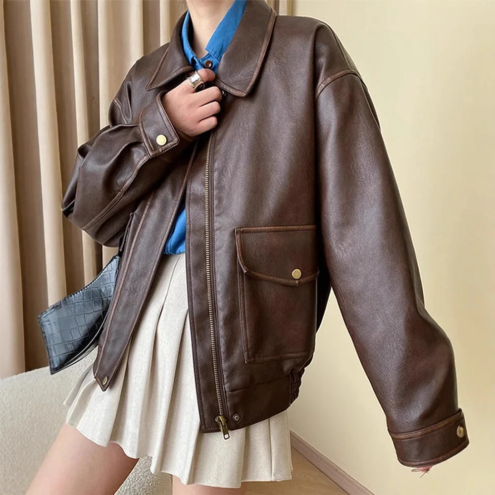 Retro Loose Silhouette Leather Jacket 2025 Spring and Autumn Commuter Style Women's Top