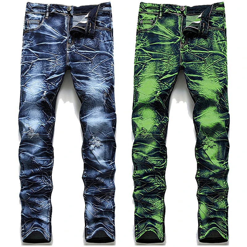 Men's Stretch Tight Jeans Tie Dye Lightning Stripe Slim Fit Straight Leg HighQuality Y2K High Street Style Pants