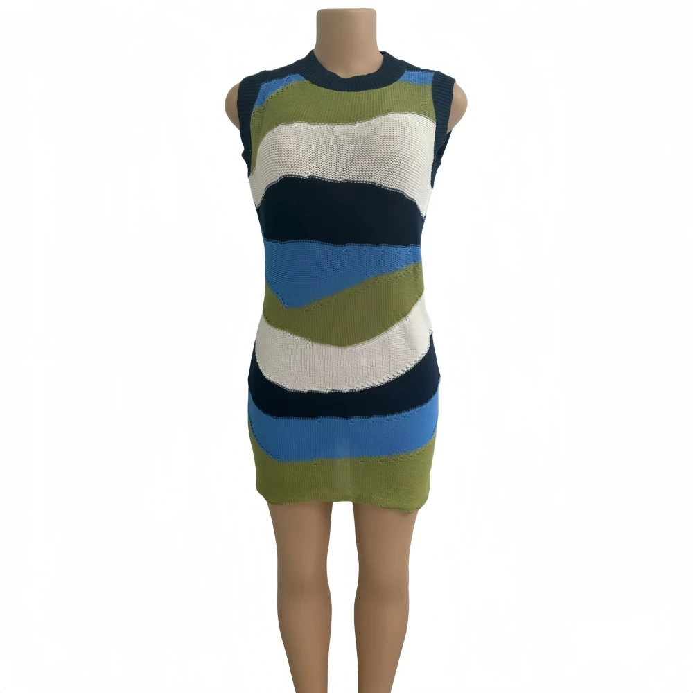 Hlj & gg moda malha listrado retalhos bodycon mini vestidos femininos bloco de cor sem mangas vestido feminino streetwear