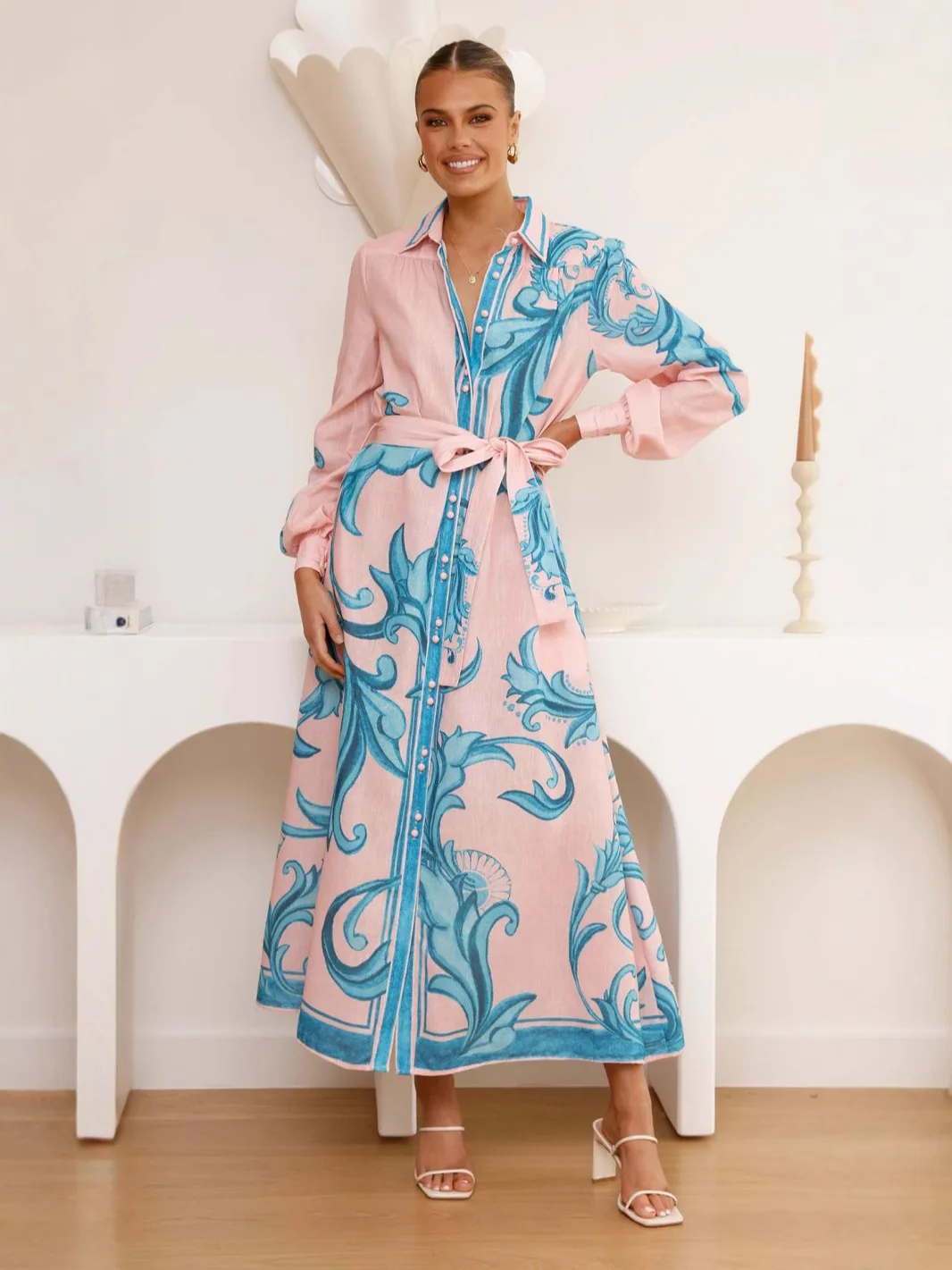 

Ele Loose Long Sve Print Dr Faionable Belted Midi Dr Women's Summer Casual Travel Button Closure A-Line Dr