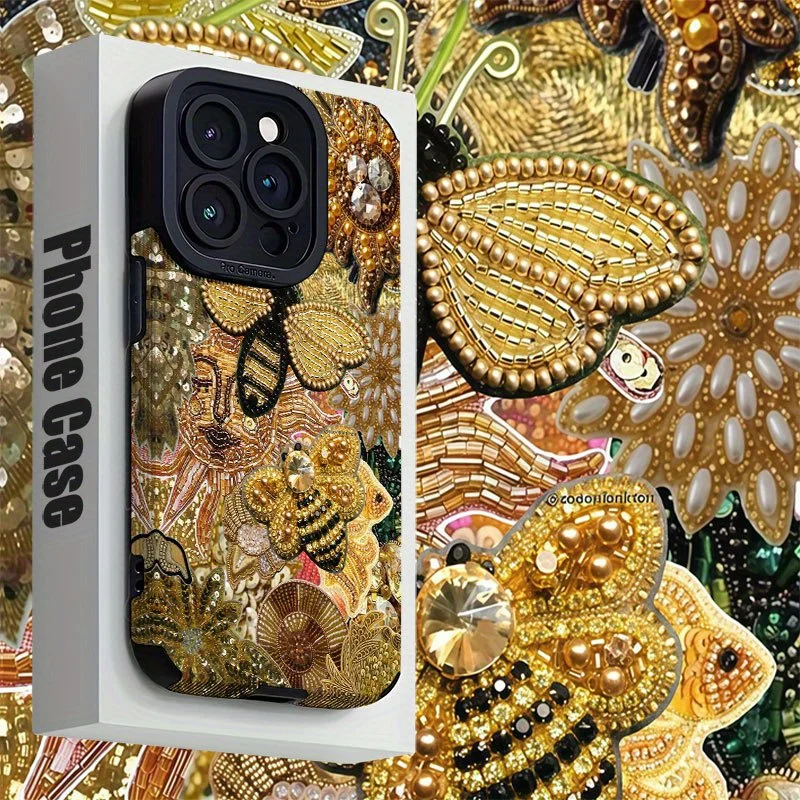 For Samsung S25 Golden Bee Embroidery Design, Luxury Sparkle Art Matte Compatible For Galaxy S25/S24/S23/S22 and A Series Models