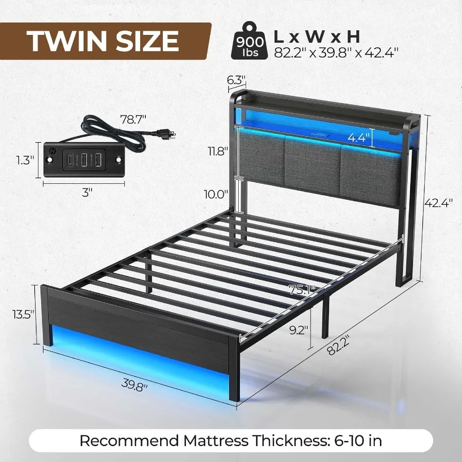 Marco de cama doble con estación de carga incorporada y luces LED ambientales Cabecero tapizado con almacenamiento ajustable Sh