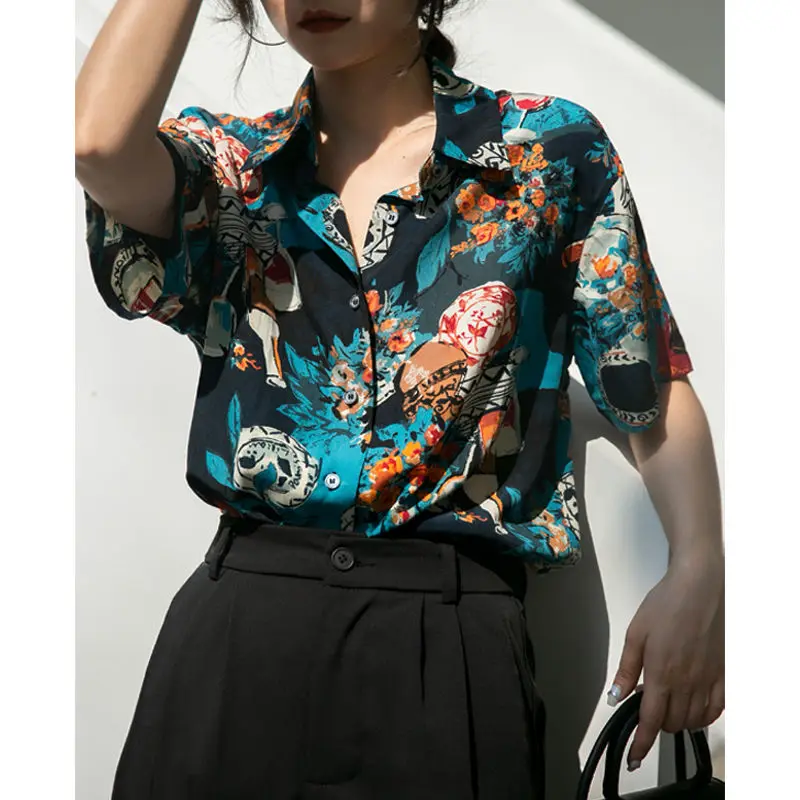 Summer Woman Clothes HongKong Retro Style Printing Loose Fashion Polo-neck Chic Thin Top Casual Trend Popularity Harajuku Button