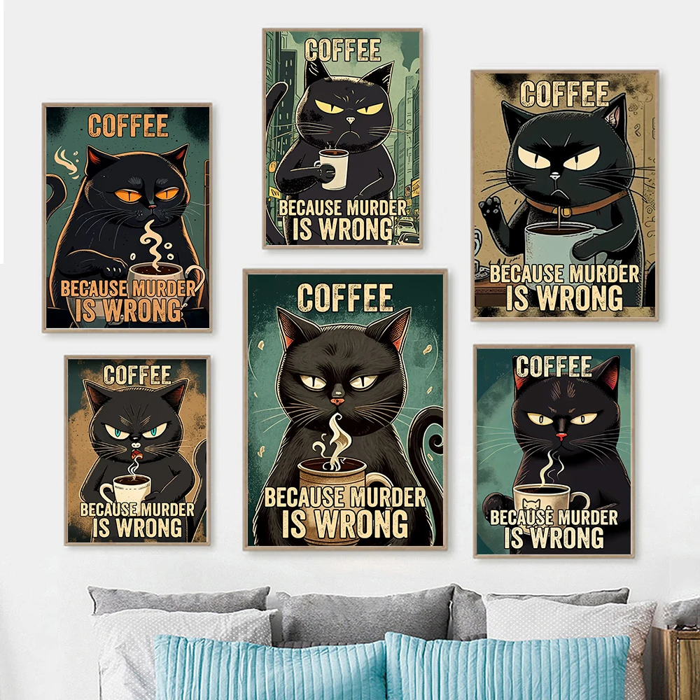 Funny Cat Drinking Coffee Black Coffee Cat Murder Is Wrong Quote Modern Cartoon Canvas Painting Wall Art Room Home Decor