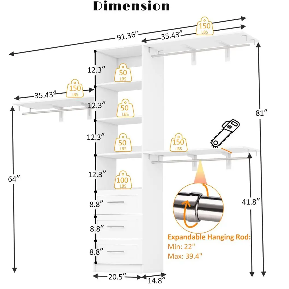 

Closet Organizer System with Drawers, 5FT 7.61FT Closet Shelving System Walk in Wood Corner Closet Storage System with 4 Shelve