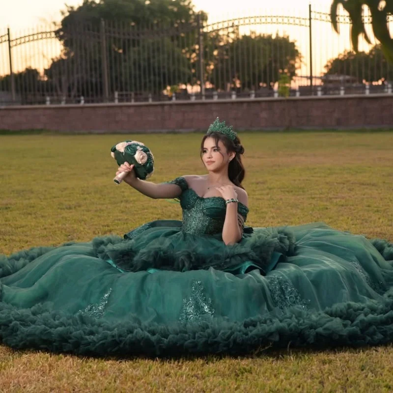 Dark Green Quinceanera Dres Sequin Crystal Decal Ruffle Long Tail off-shoulder Bow Vestidos De 15 Quinceanera ﻿Customize