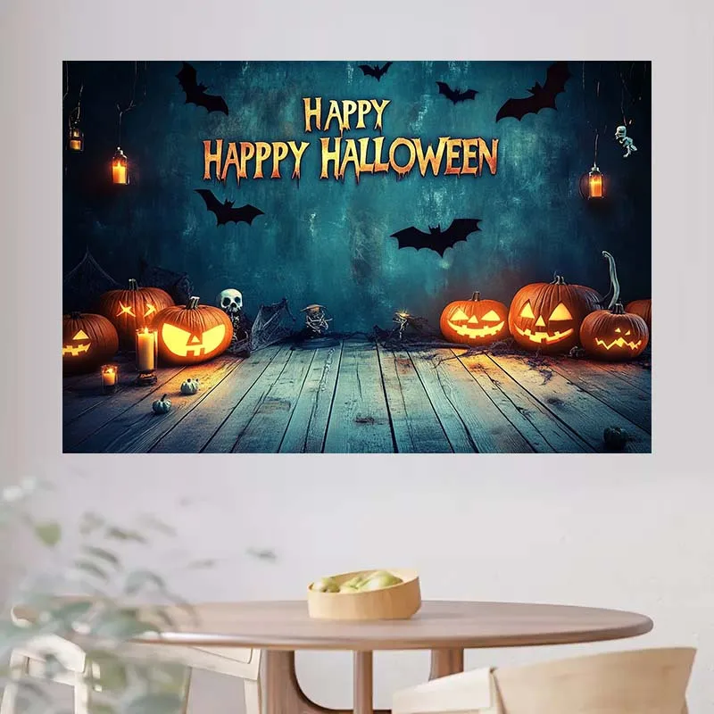 1 لافتة خلفية للهالوين - اليقطين والخفافيش والجمجمة ونص "هالوين السعيد" سهل التركيب #5