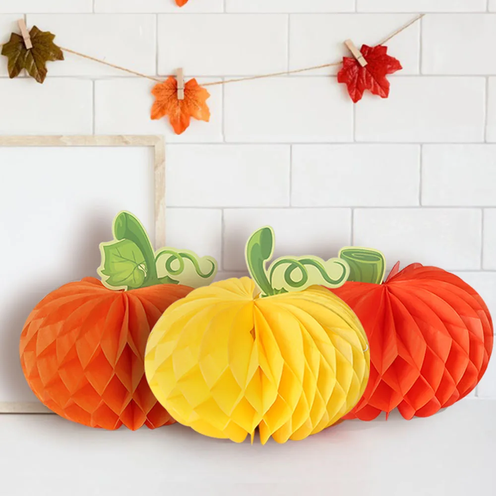 3pcs Halloween Pumpkin Honeycomb Ball Colorful Paper Pumpkin DIY Decor Thanksgiving Halloween Party Home Desktop Decoration Prop