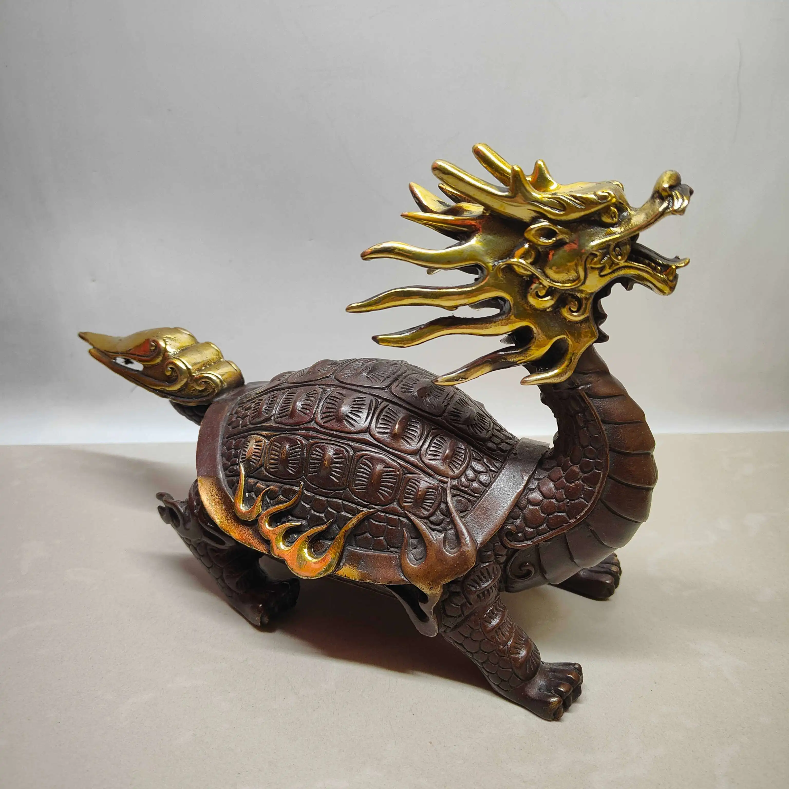 Chinese Feng Shui Dragon Turtle Bagua Statue Vintage Brass Wealth Lucky Home Office Living Room Desktop Fengshui Decor