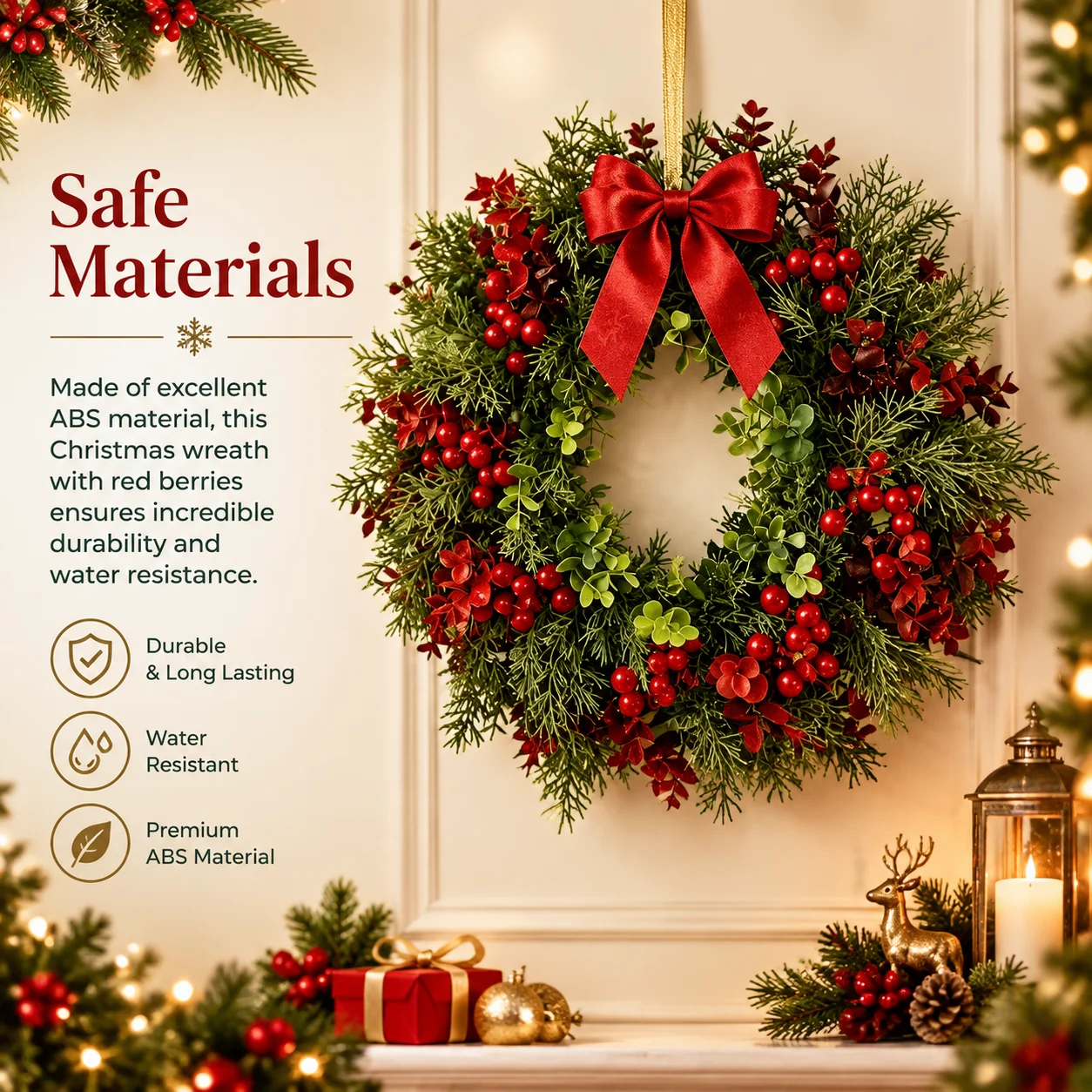 Christmas Wreath with Berries for the Front Door Christmas Wreaths with Red Berry Leaves Indoor and Outdoor Holiday Decor