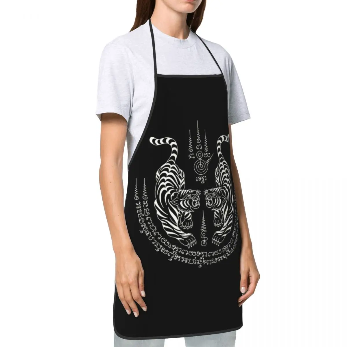 Custom Twin Tiger Sak Yant Tattoo Aprons for Men Women Thailand Muay Thai Adult Unisex Chef Bib Tablier Cuisine Cooking Baking