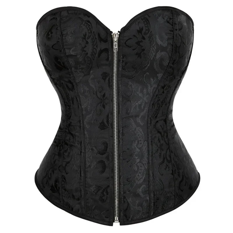 Jacquard Overbust Corset Lace Up Boned Bustier Top Basques Black White Front Zip Korset Gothic Women Slim Corselet