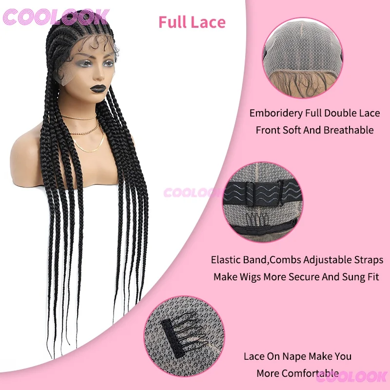 36 "360 كامل الرباط الباروكات للنساء السود شعر مستعار اصطناعي كورنو الضفائر الدانتيل الباروكات شعر مستعار أسود الأفريقي