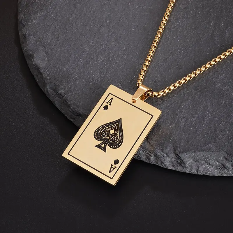 Lucky Spades Ace Playing Card Pendant Stainless Steel Casino Fortune Playing Card Necklace Men's Rock Punk Jewelry Gift