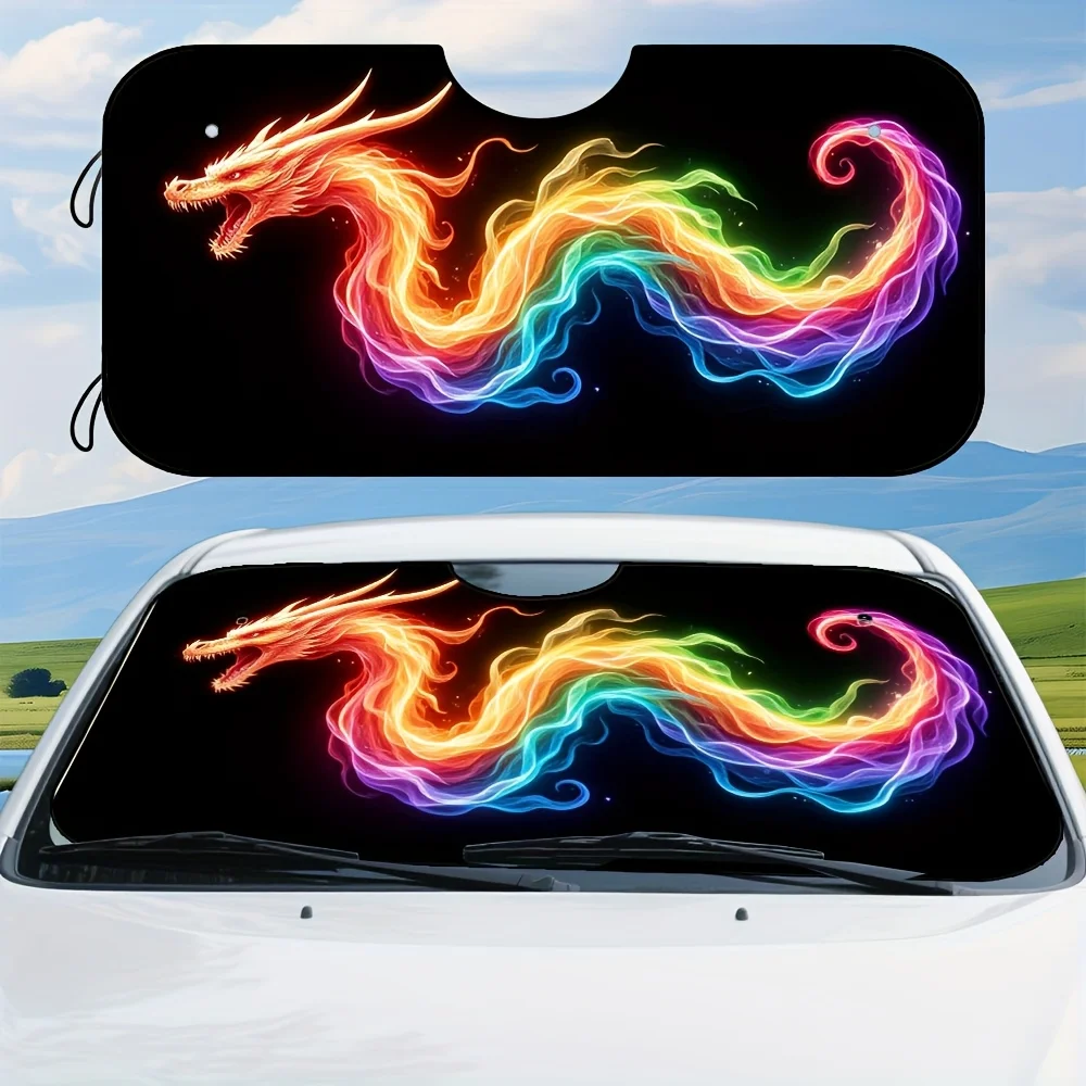 1pc Rainbow Dragon Fire Smoke Art Car Visor Sunshade - UV Protection, Heat Reduction & Stylish Dashboard Decor With Suction Cup