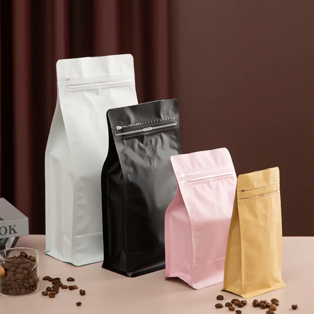 50pcs Reusable Dark Brown/Blue/Pink/Green Aluminum Foil Tea Coffee Grain Bag with Valve Smell Proof 250g 500g 1kg with Design