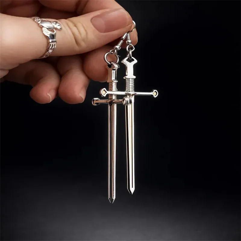 Gothic Long Sword Earrings For Women Man Fashion Cool Punk Rock Party Jewelry Accessories Gift Fantasy Cross Sword Ear Hooks