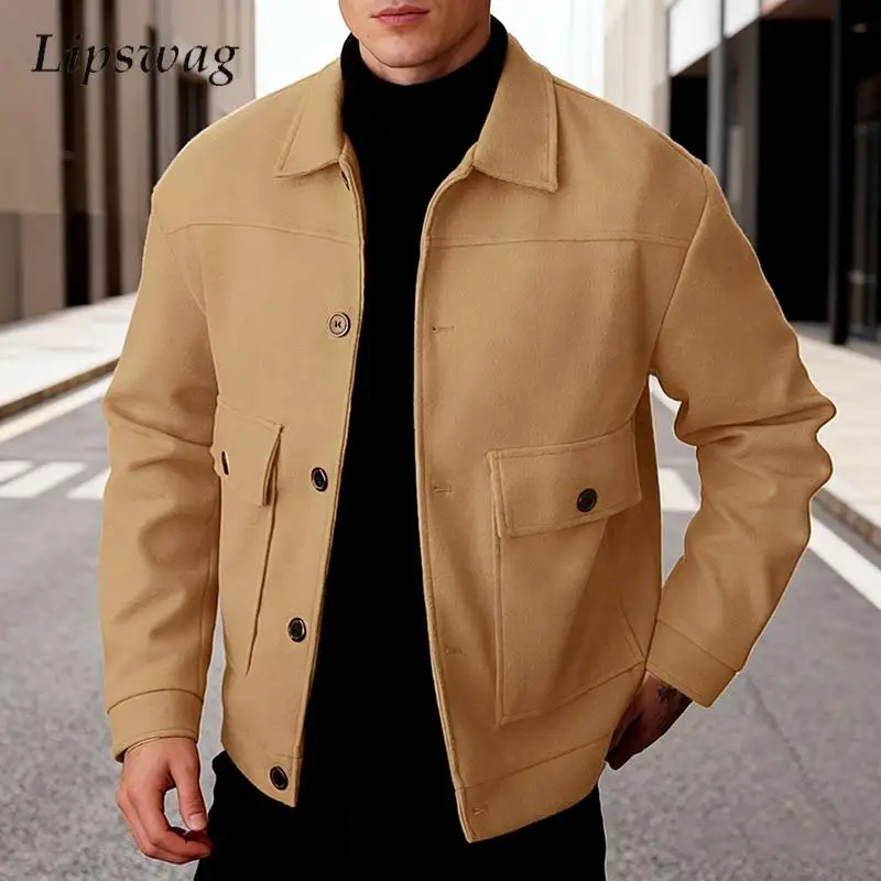 

Streetwear Vintage Mens Woolen Cargo Jacket Stylish Solid Color Button-down Jackets For Men 2026 Spring Fashionable Outerwear