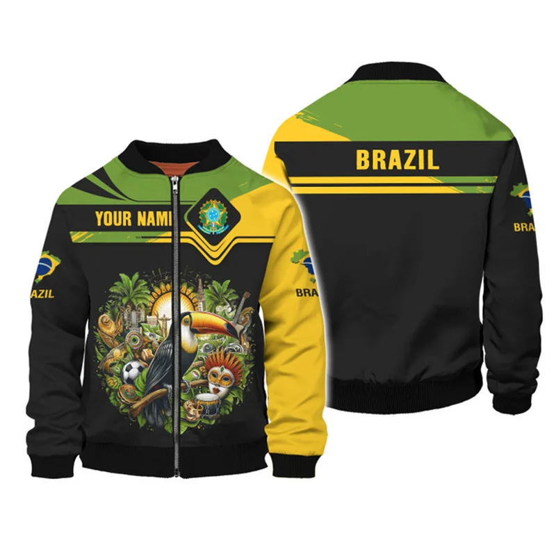 Fashion Brazil National Emblem 3D Print Jacket For Mens Clothing Street Hip-hop Zip Up Coat Loose Chaquetas Hombre Women Jackets