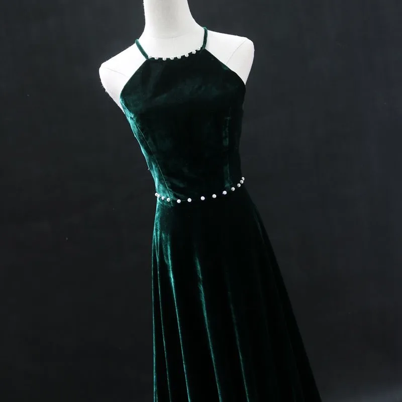 Dark green halter back velvet toasting dress hosting banquet