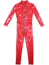 Wet Look PVC Catsuit Shiny PU Leather Cosplay Jumpsuit 3 Zipper Open Crotch Bodysuit Tights Sexy Clubwear Leotard Unitard Bodies