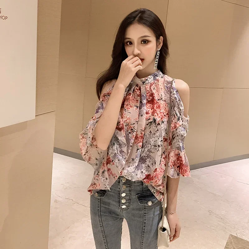 2024 Womens Blouses And Tops Short Sleeve Butterfly Sleeve O-neck Women Clothing Elegant Female Tops Long Sleeve Floral 14956