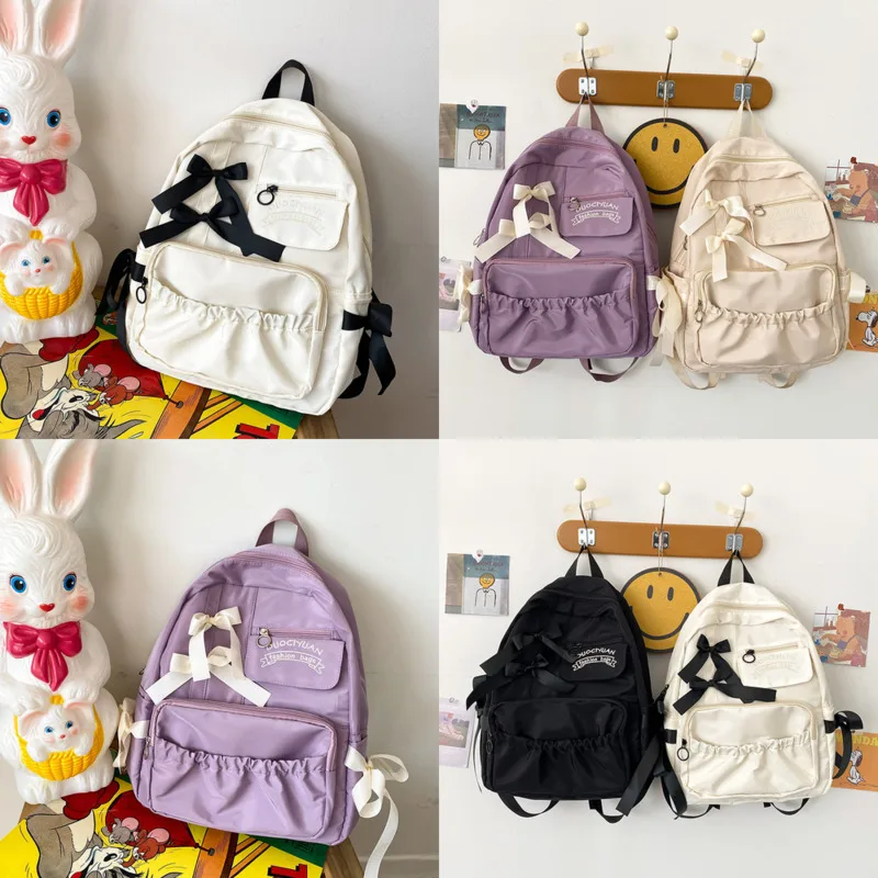 

Korean Bow Oxford Backpacks Waterproof Lightweight Cute Blocking Bag Simple Casual Pleated Student High Capacity Backpacks New