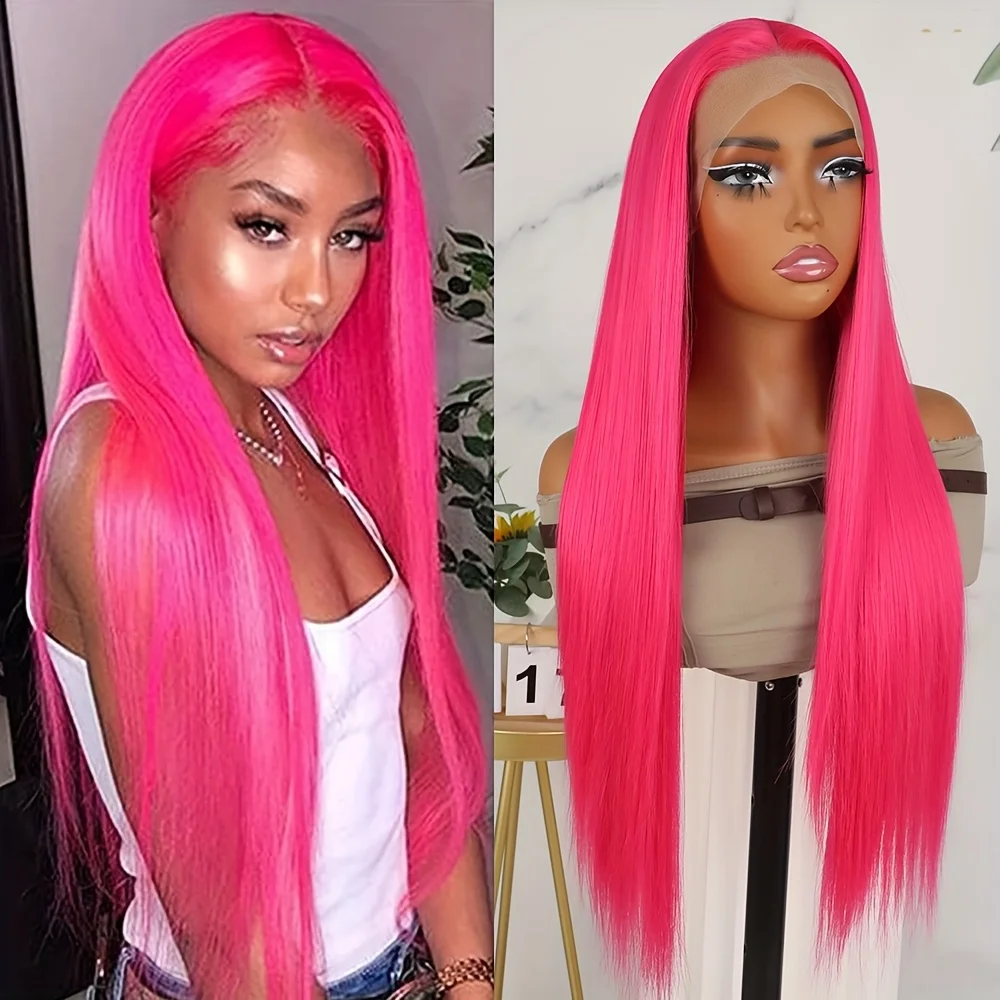 

Hot Pink Lace Front Wigs Ready to Wear Glueless Pre Plucked Natural Hairline Synthetic Long Silky Straight Hair Heat Resistant