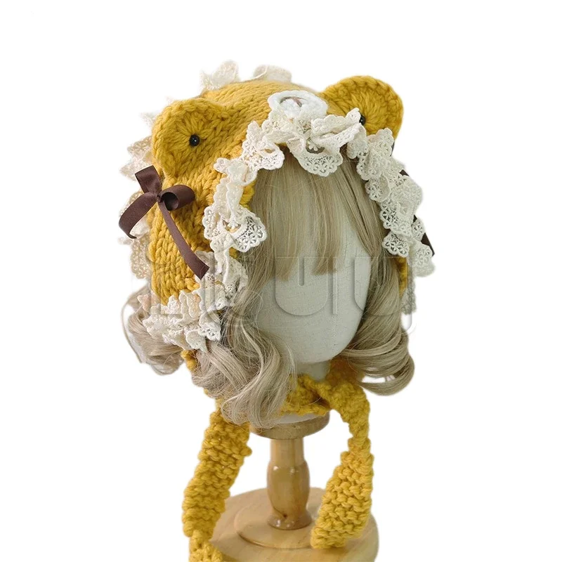 수제 니트 모자 여자 여자 로리타 고양이 귀 레이스 트림 보우 달콤한 따뜻한 모자 겨울 패션 카와이 뜨개질 액세서리