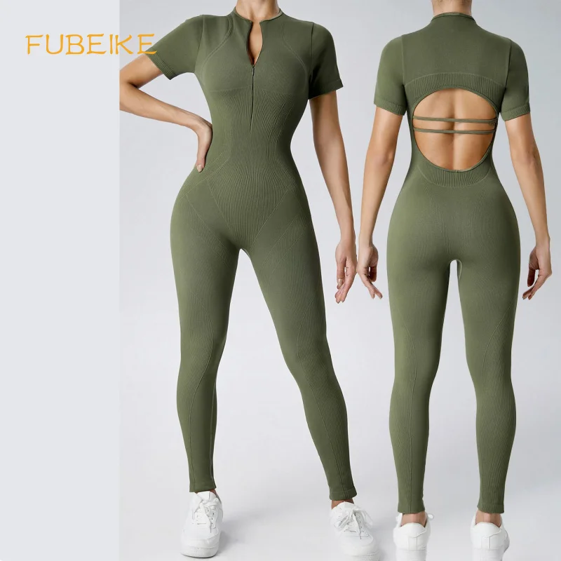 

FUBEIKE Yoga Jumpsuit Seamless Nude Feel High Waist Fitness Sportswear Ladies Sports Bodysuit T-Shirt Hollow Yoga Clothes