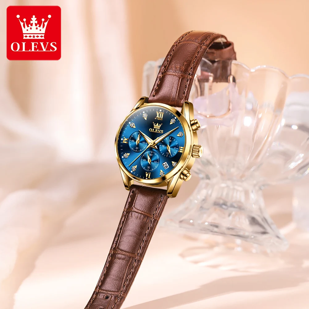 OLEVS Fashion Ladies\' Wristwatch Waterproof Date Multi-function Three-eye Quartz PU Strap Watches for Women Luminous Chronograph