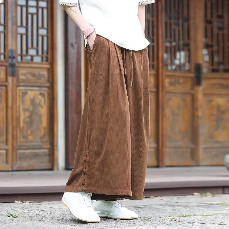 Men Corduroy Wide Leg Pants Side Frog Buttons Elastic Waist Drawstring Oversized Spring Autumn Loose Fit Casual Bottoms Gift