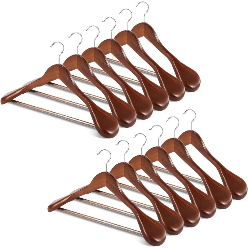 

Wooden Hangers with Non-Slip Pants Bar,Smooth Finish Suit Hangers,Wide Shoulder and 360°Swivel Hook(12Pack)