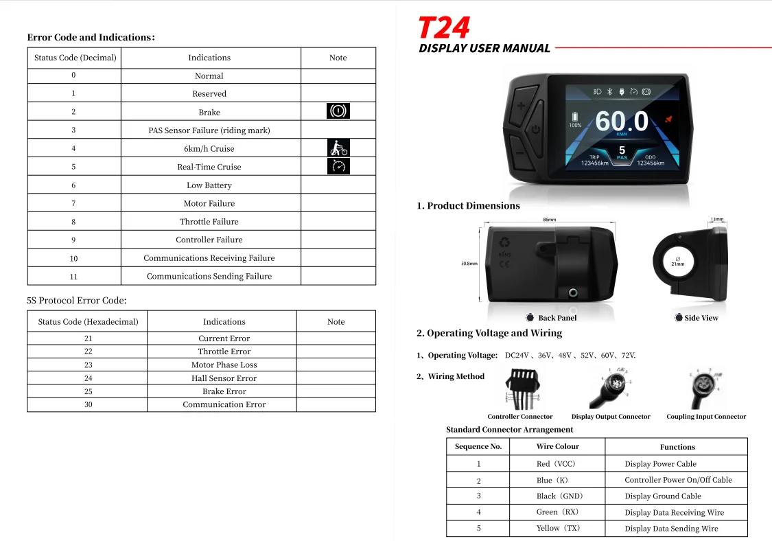 Elektrofahrrad LCD T24 Display 36V-72V mit UART 2 Kommunikation SM Wasserdichter Stecker Fahrradzubehör – Detail 2