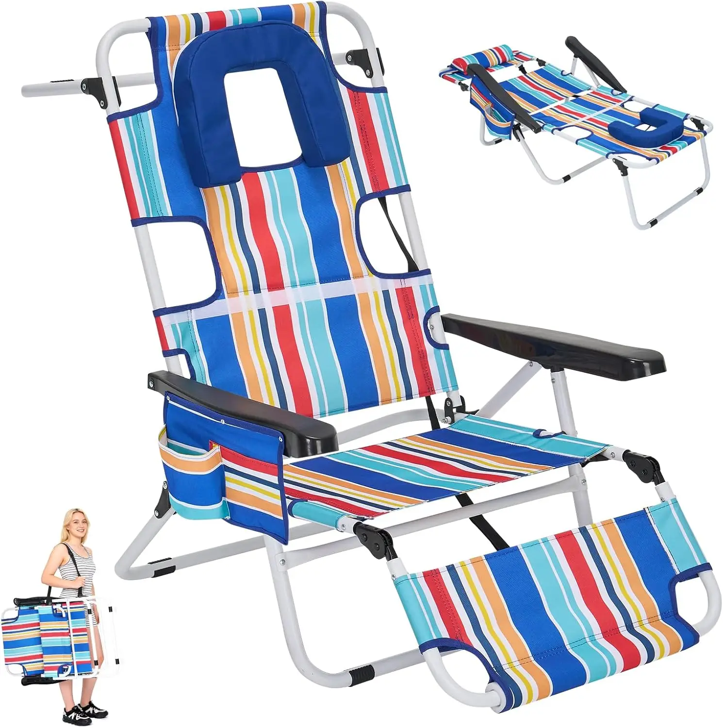 

5 Position Folding Beach Chair with Face Hole, Portable Backpack Foldable Lounge Chair w/Headrest&Armrest,Heavy Duty Lay Flat Ta
